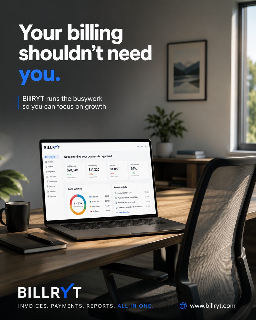 A BillRyt dashboard showing revenue, outstanding balances, overdue invoices and paid-invoice rate at a glance